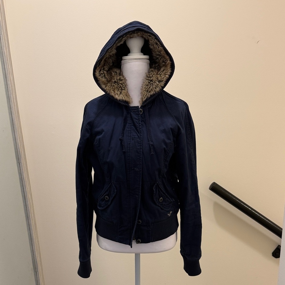 American Eagle Outfitters Dark Blue Hooded Jacket with Faux Fur